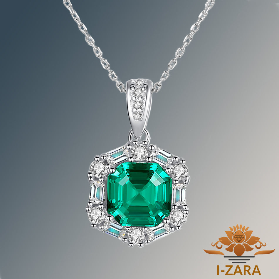Emerald Gemstone With Diamond Accents Pendant Necklace for Women's