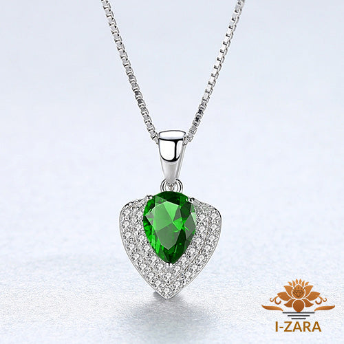 Women's Classic Rhodium Plated Pear Heart Emerald Gemstone Necklace