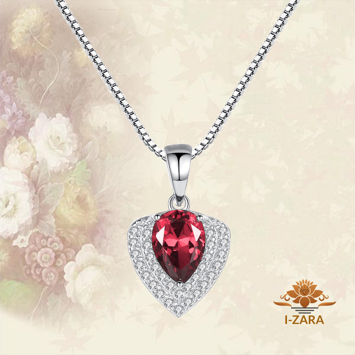 Women's Classic Rhodium Plated Pear Heart Ruby Gemstone Necklace