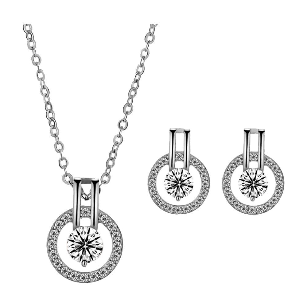 Women Round Rose White Gold Cubic Zirconia Necklace and Earring Set 