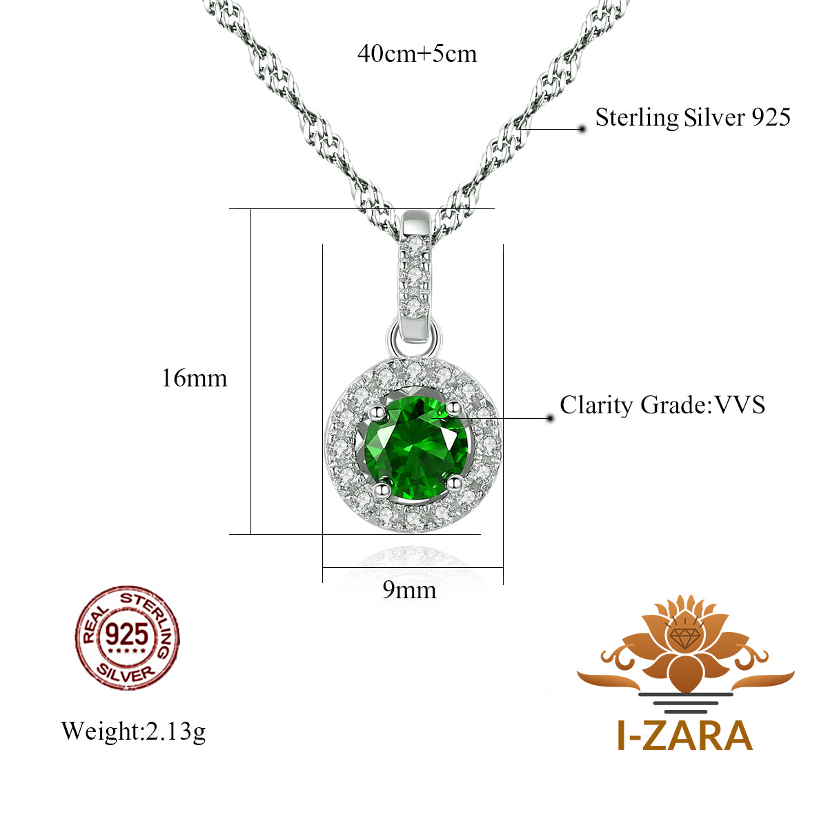 Women's Classic Rhodium Plated Round Emerald Gemstone Unique Necklace