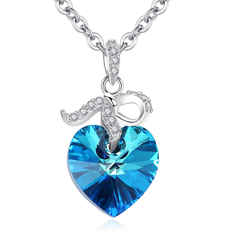 Women's White Blue Gold Crystal Heart Pendant Necklace for Gift