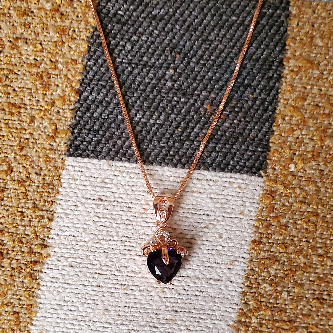 Elegant 18k Rose Gold Plated Amethyst Crystal Heart Pendant Necklace