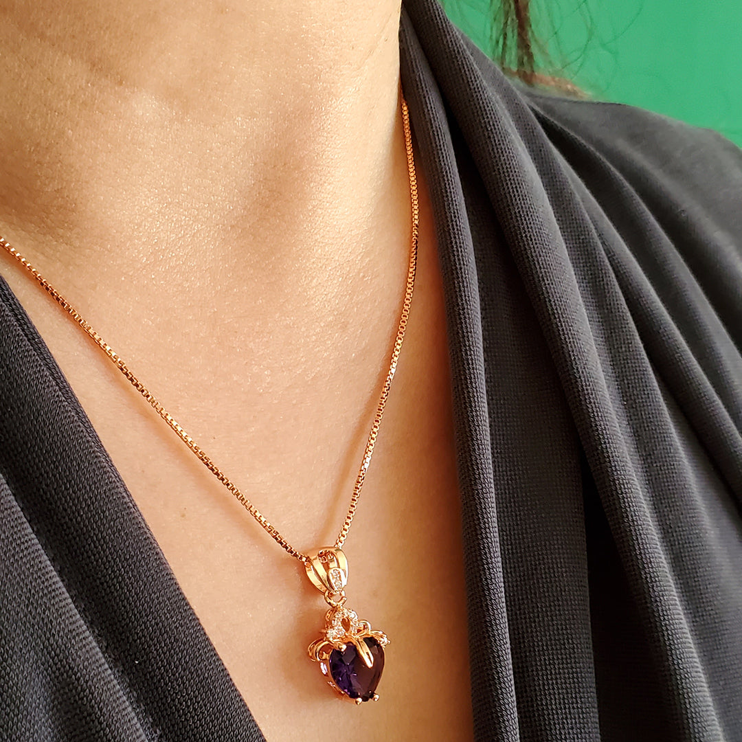 Elegant 18k Rose Gold Plated Amethyst Crystal Heart Pendant Necklace
