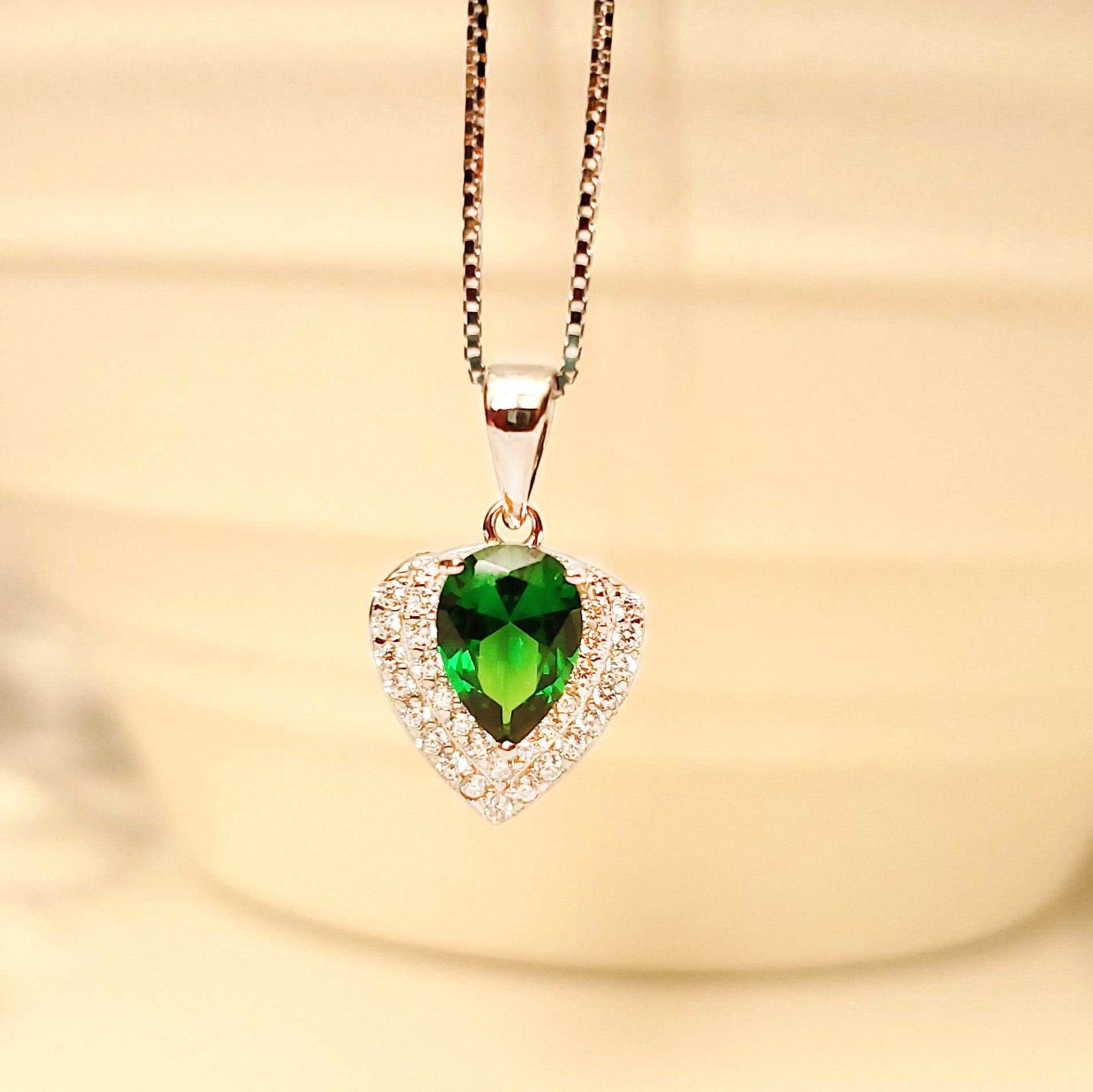 Women's Classic Rhodium Plated Pear Heart Emerald Gemstone Necklace