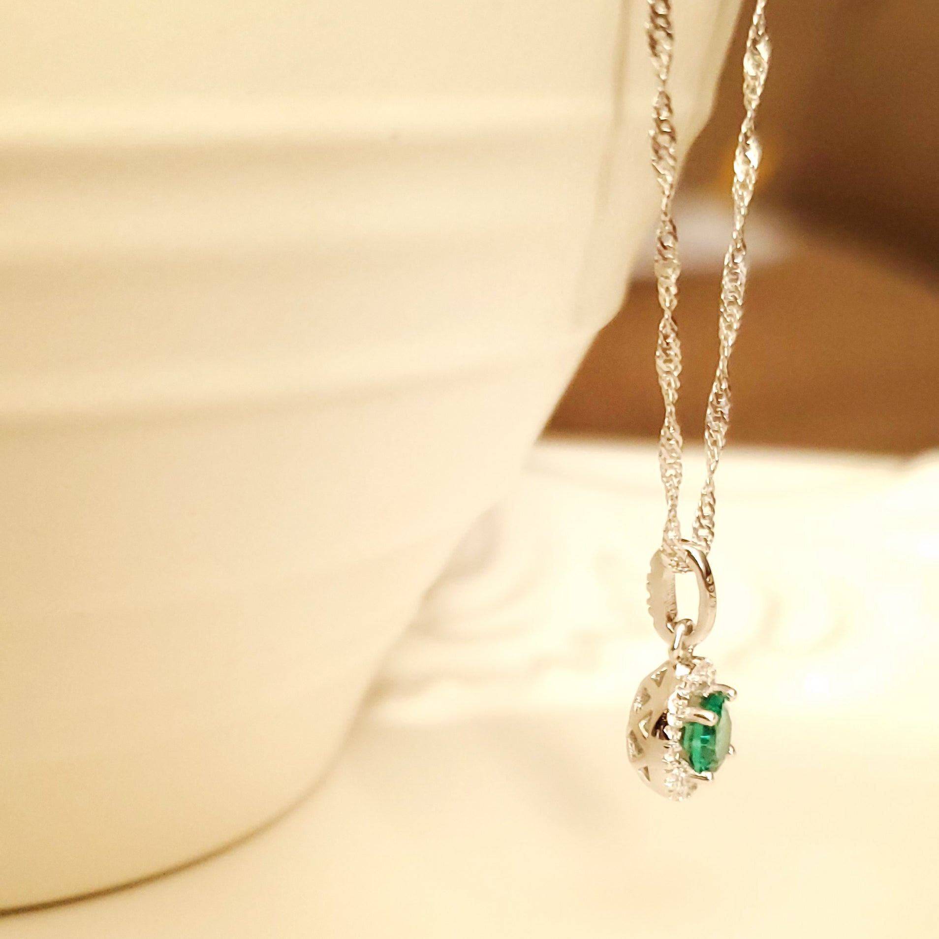 Women's Classic Rhodium Plated Round Emerald Gemstone Unique Necklace