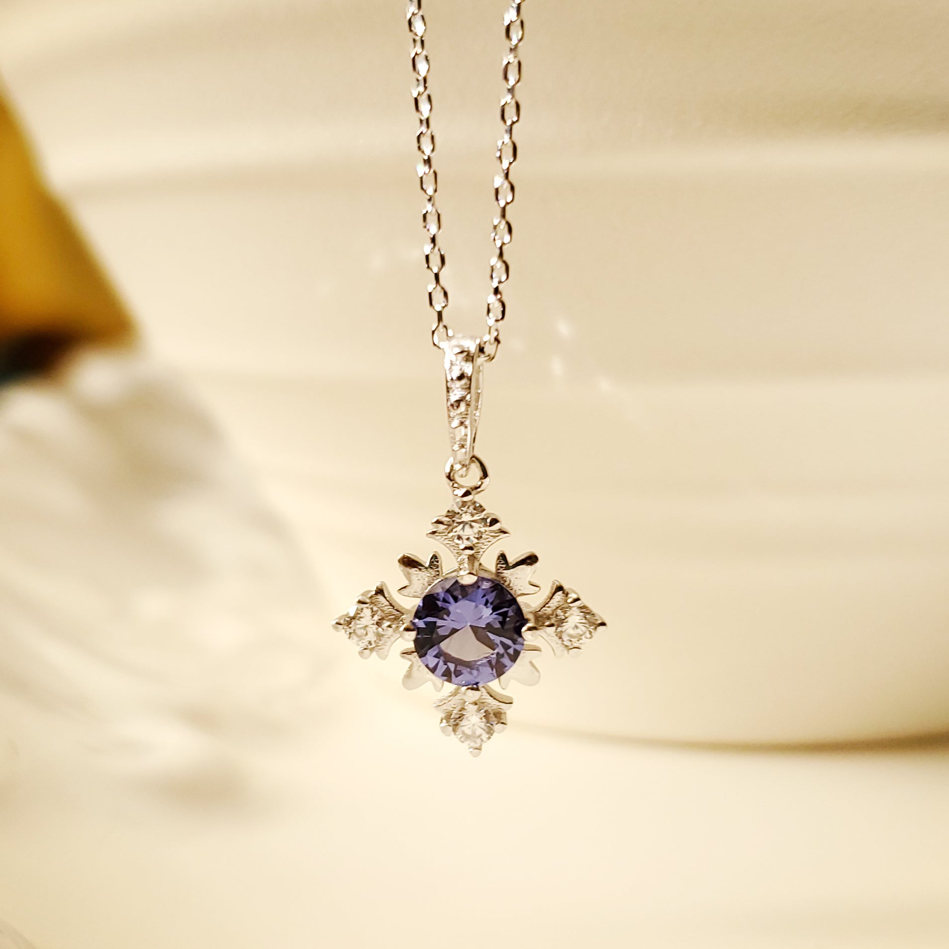 Women's Rhodium Plated 925 Sterling Silver Gemstone Snowflake Necklace