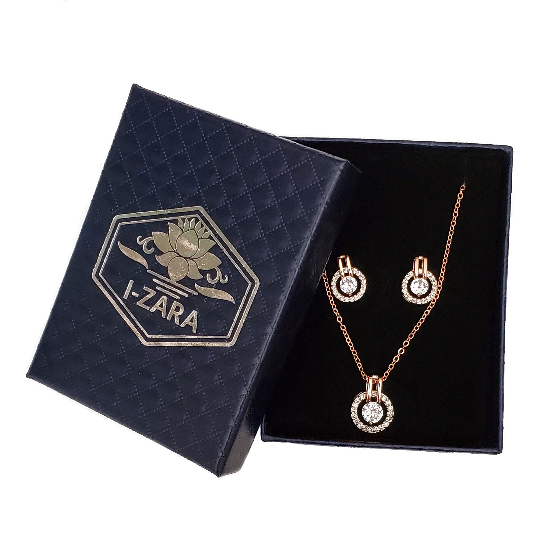 Women Round Rose White Gold Cubic Zirconia Necklace and Earring Set 
