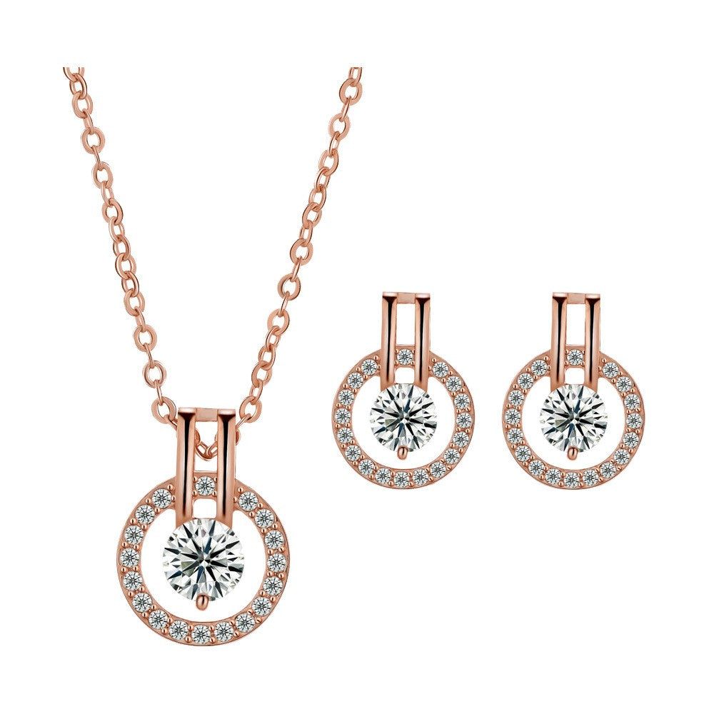 Women Round Rose White Gold Cubic Zirconia Necklace and Earring Set 