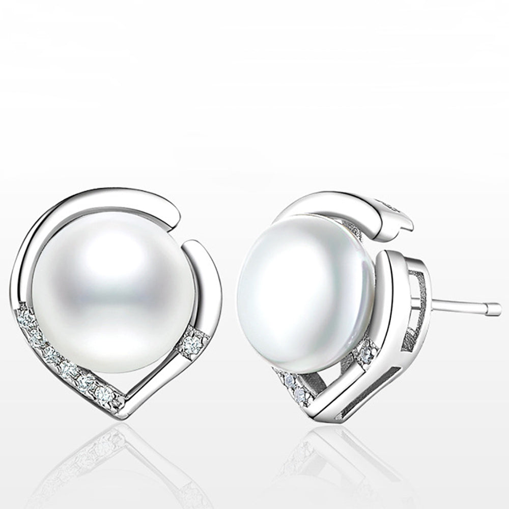 Freshwater Pearl Heart Shaped Stud Earrings; 925 Sterling Silver with Rhodium Finish