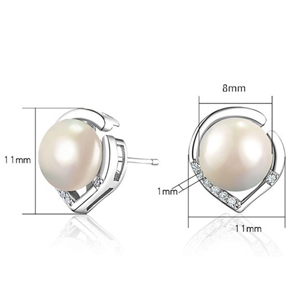 Freshwater Pearl Heart Shaped Stud Earrings; 925 Sterling Silver with Rhodium Finish