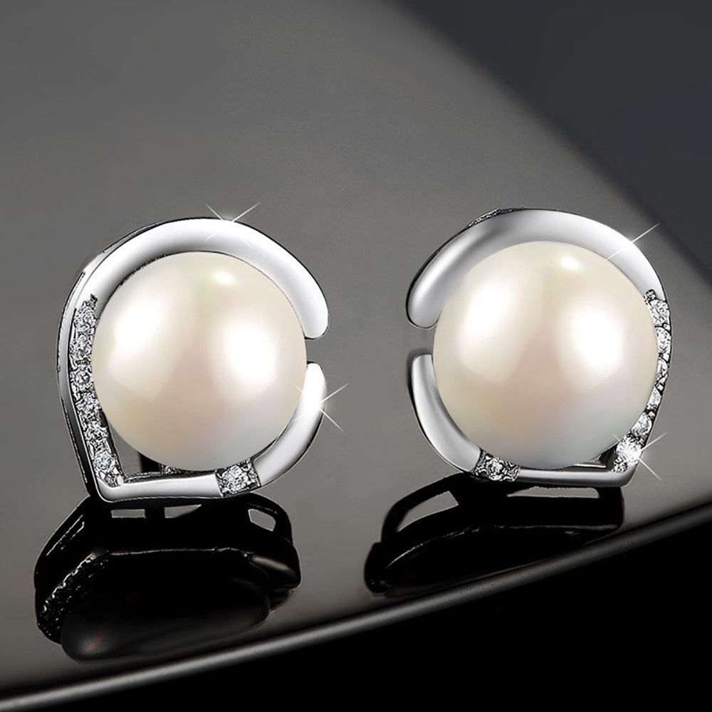 Freshwater Pearl Heart Shaped Stud Earrings; 925 Sterling Silver with Rhodium Finish