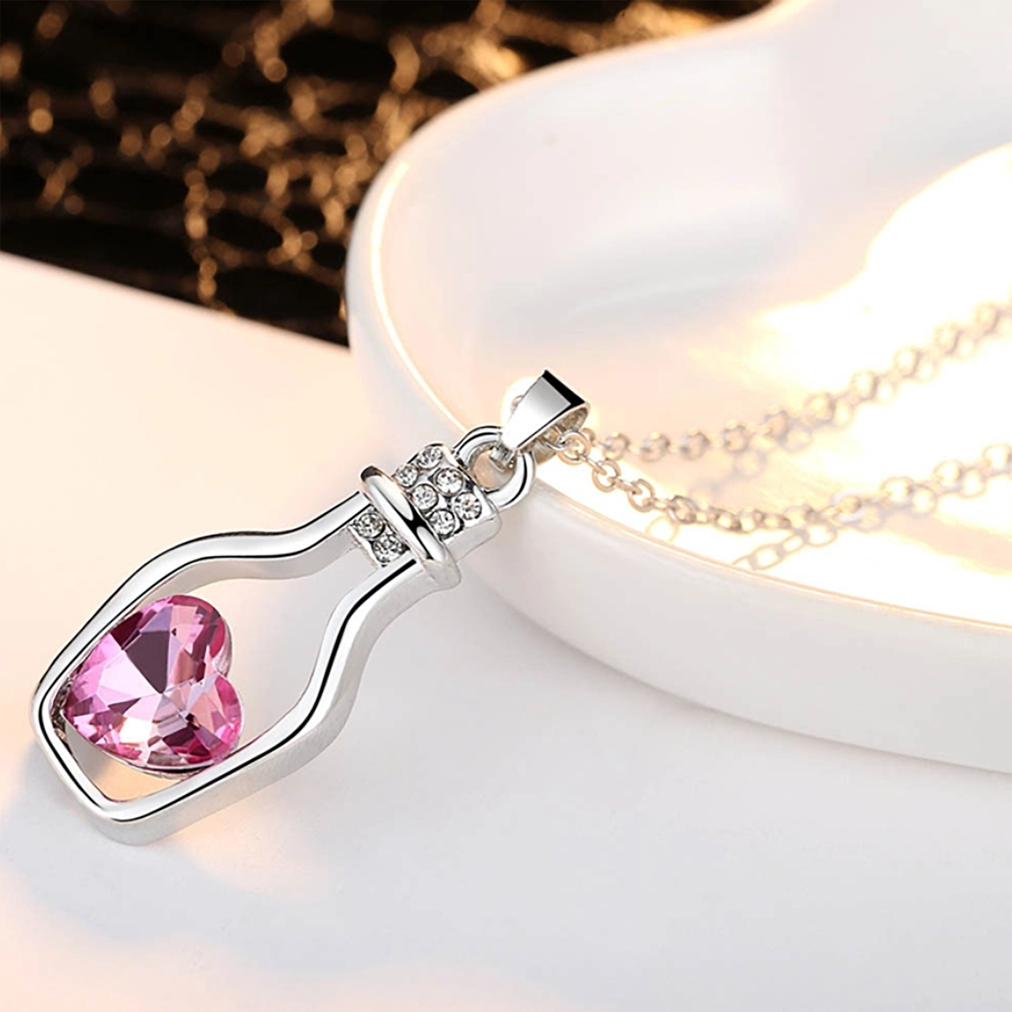 Women Drift Bottle Crystal Heart Link Chain Pendant Necklace 2021