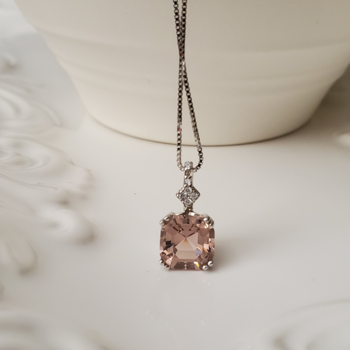 Rhodium Plated Asscher Cut Smokey Morganite Gemstone Necklace for Girl