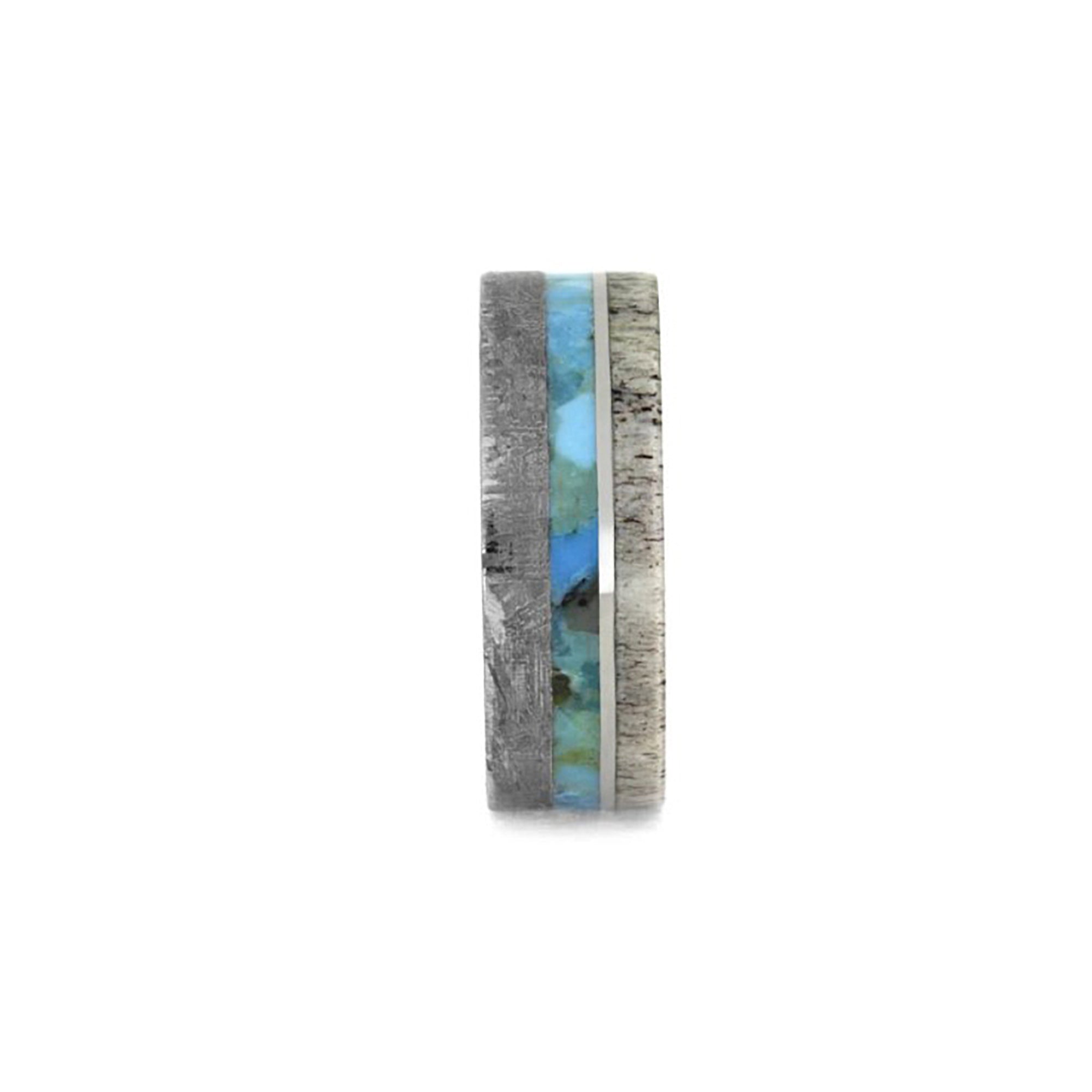Men's Gibeon Meteorite With Blue Box Elder Burl Wood Titanium Rings