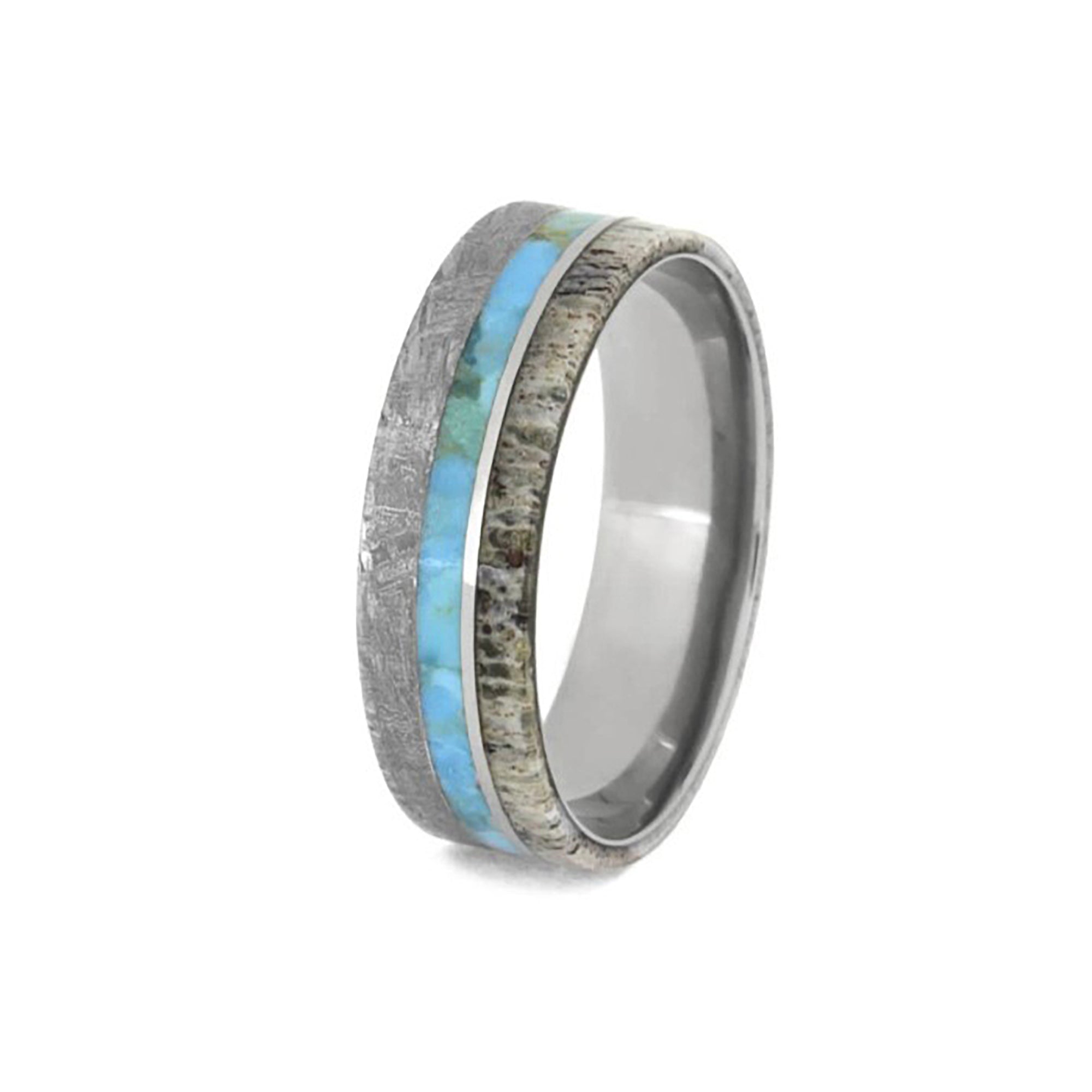 Men's Gibeon Meteorite With Blue Box Elder Burl Wood Titanium Rings