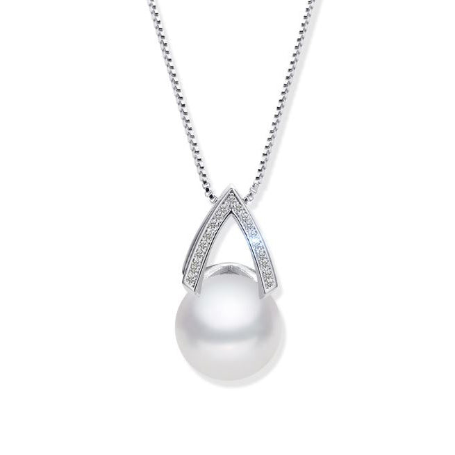 Platinum Plated 925 Sterling Silver Pyramid Shaped White Pearl Pendant