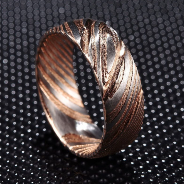 Best Men's Classic Great Quality 14k Rose Gold Damascus Steel Ring