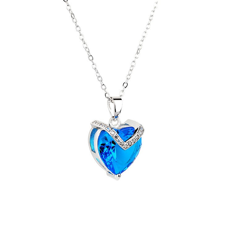 18k White Gold Plated 925 Sterling Silver Blue Crystal Heart Necklace