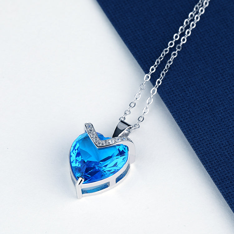 18K White Gold Plated Ocean Blue Crystal Heart Pendant